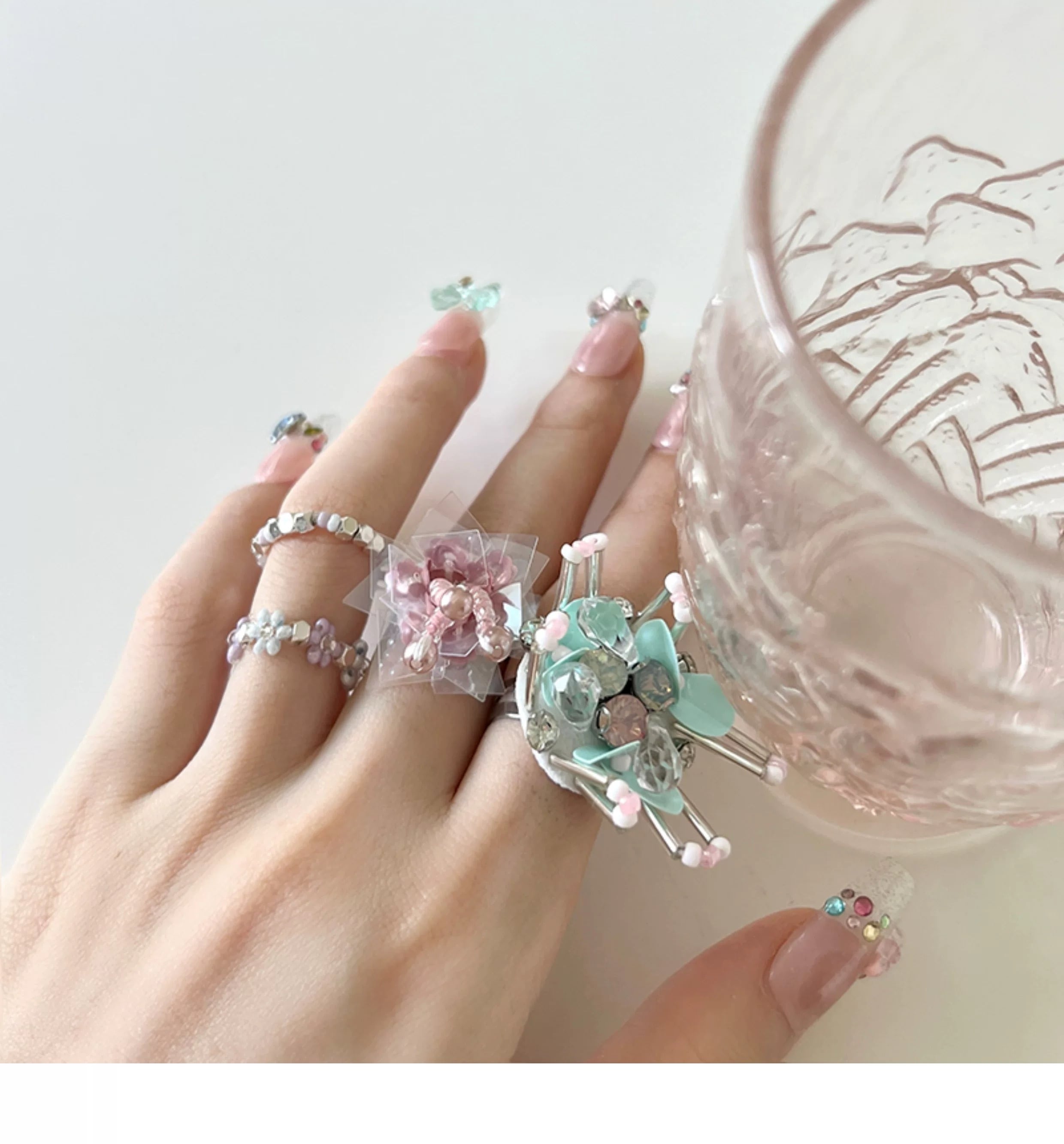 Beads Ring】-花慕蝶- ビーズリング ハンドメイド 手作り指輪 サイズ