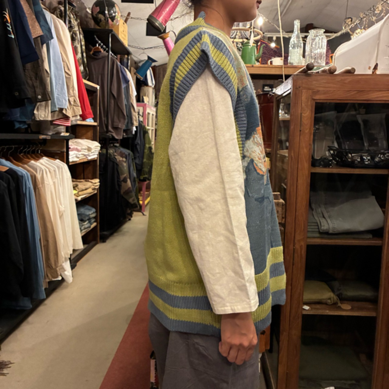 TOPANGA Lady's  Portrait  irregular knit vest　ポートレートイレギュラーニットベスト　グリーン　ゴッホ　羽織　アウター