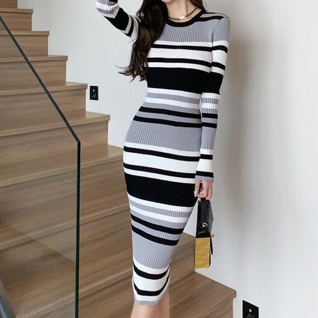 Slim Contrast Color Stripe Knit Tight Dress　　V2265