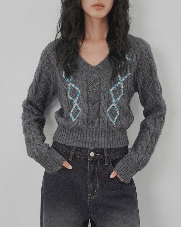 V-neck cable cropped knit TH3664