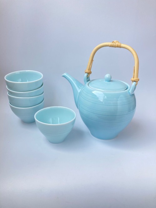 【食器】青磁　土瓶・茶器セット