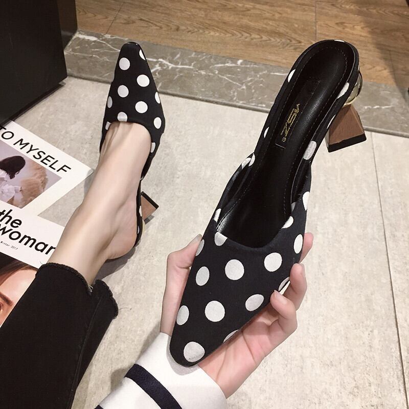 水玉ハイヒールのサンダルとスリッパの女性の夏のファッションの摩耗2020新しい野生の先のとがった妖精妖精包頭ハーフスリッパ 部族の婦人靴3460762