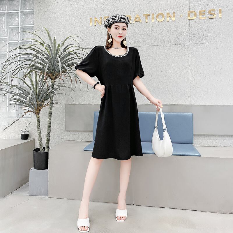 サマー薄手ドレス ビーズ ラウンドネックウェスト 大きめサイズ 夏物 Oネック ミックスインファッション79816939513