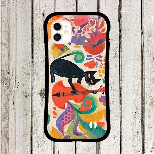 iPhoneケース 黒猫 ウッドベース 音楽｜コントラバス 北欧レトロ CAT017