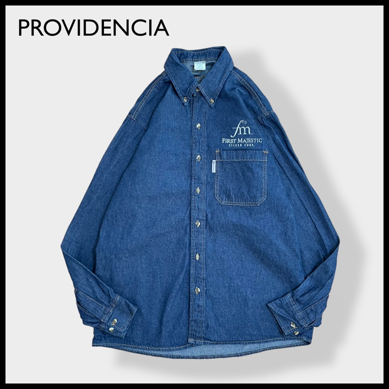 【PROVIDENCIA】メキシコ製 企業系 企業ロゴ デニムシャツ 長袖 刺繍ロゴ カジュアルシャツ ボタンダウン メンズXL相当 US古着