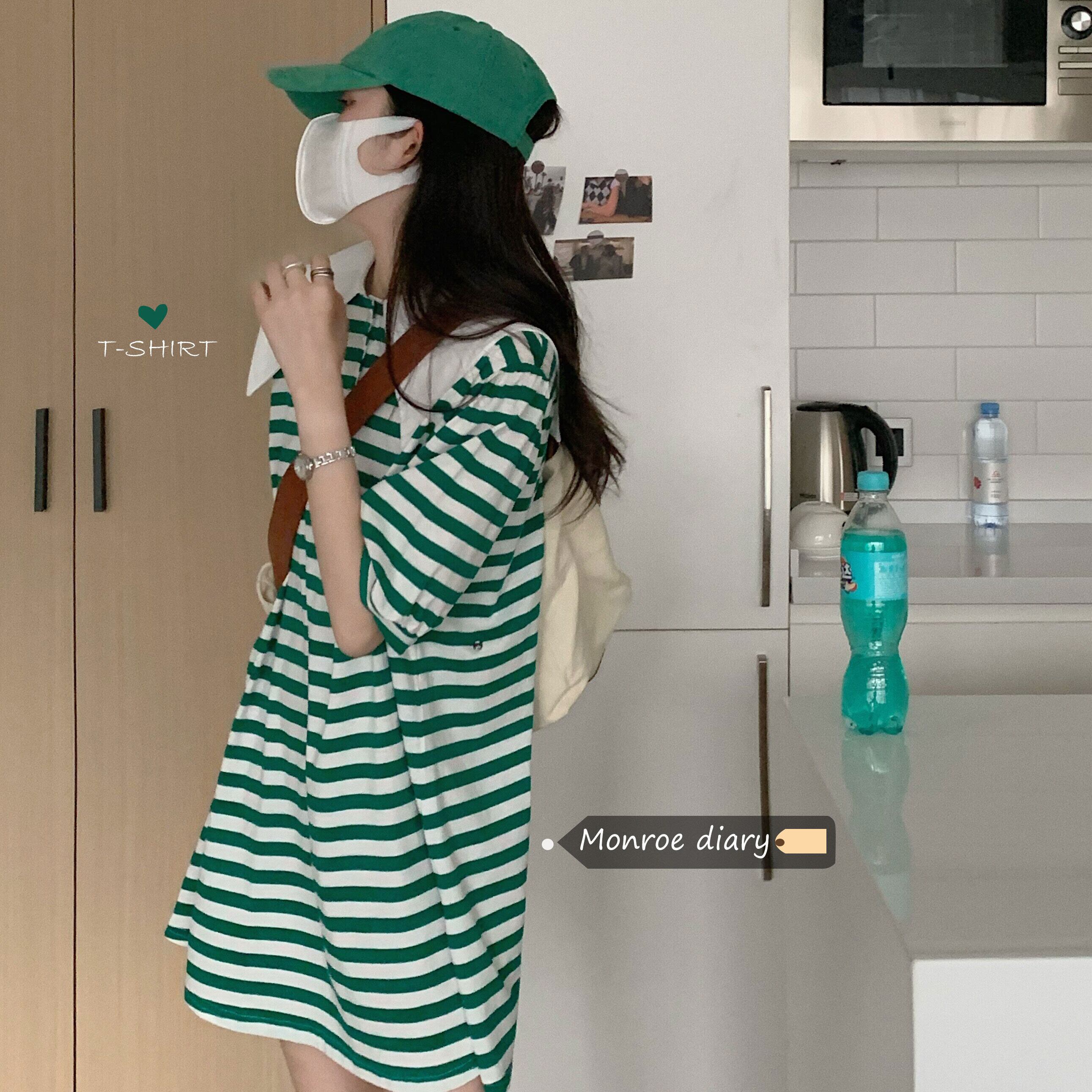ネイビーカラーグリーンストライプショートTシャツ ドレス サマーカジュアルスカート 夏物 モンロー30342888203