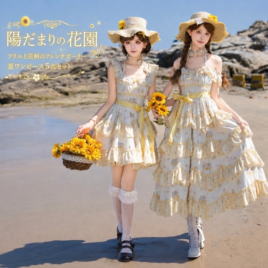 陽だまりの花園 フリルと花柄のフレンチガーリーな夏ワンピース5点セット