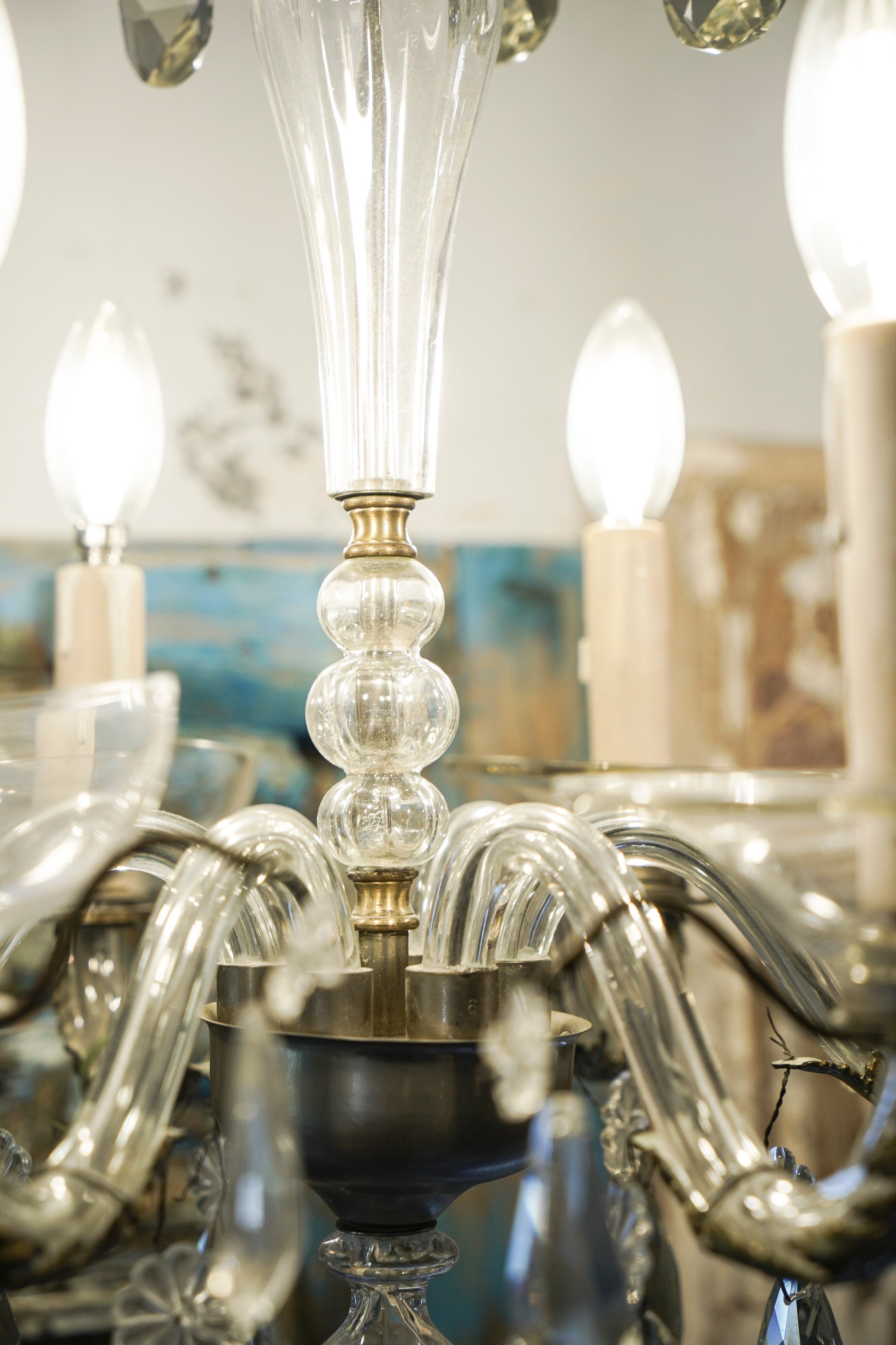 シャンデリア/6灯シャンデリア/アンティーク/真鍮/ガラスドロップ