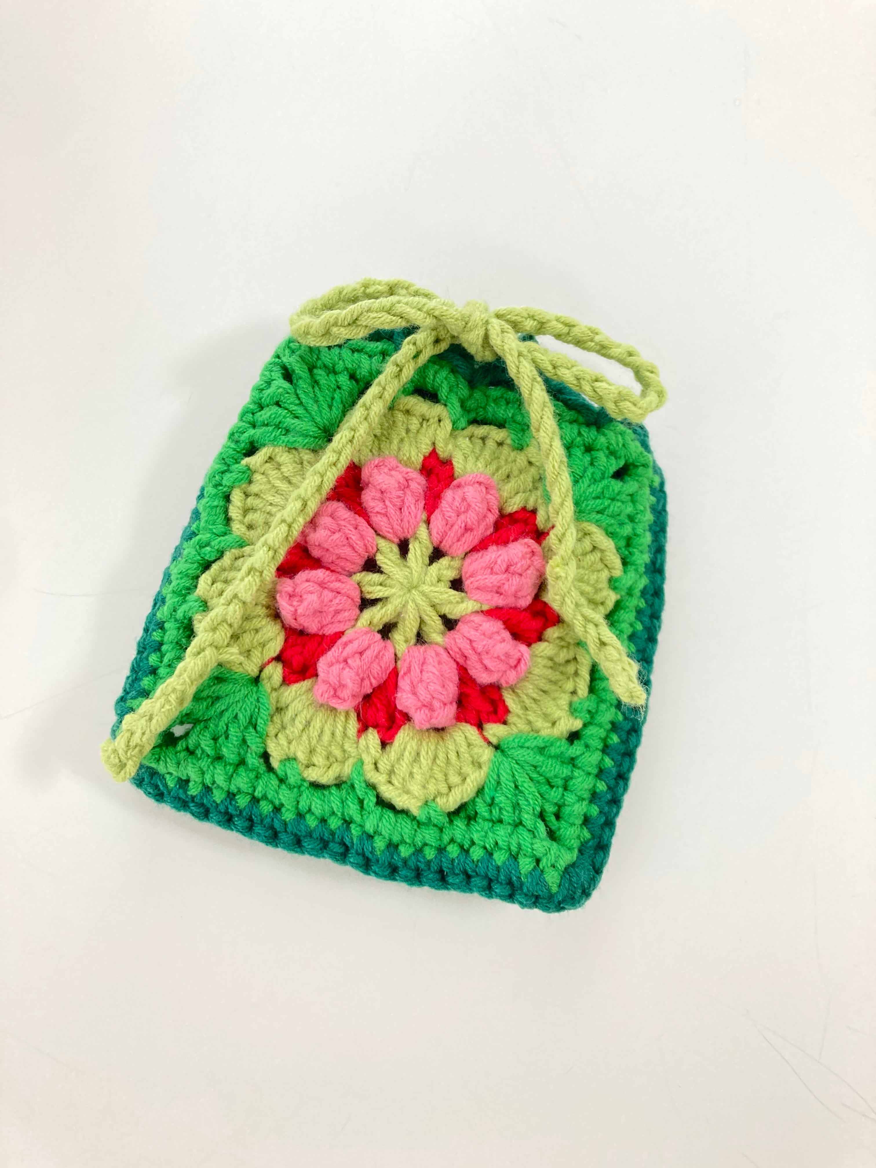 かぎ針編みキット☆緑のパプコーン編みの巾着