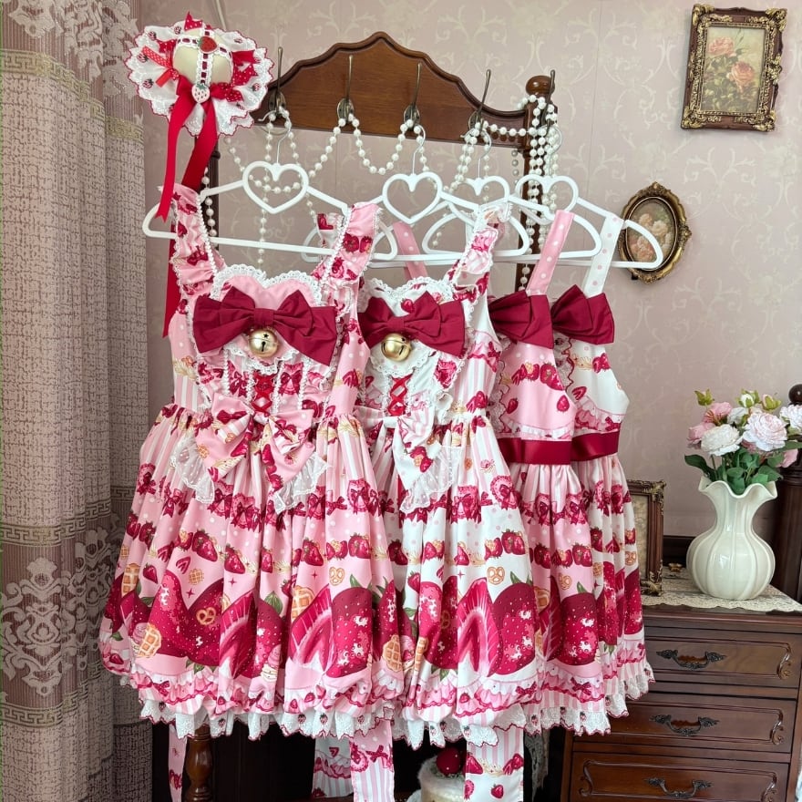 ロリータファッション ゆめかわいい サスペンダースカート いちご柄