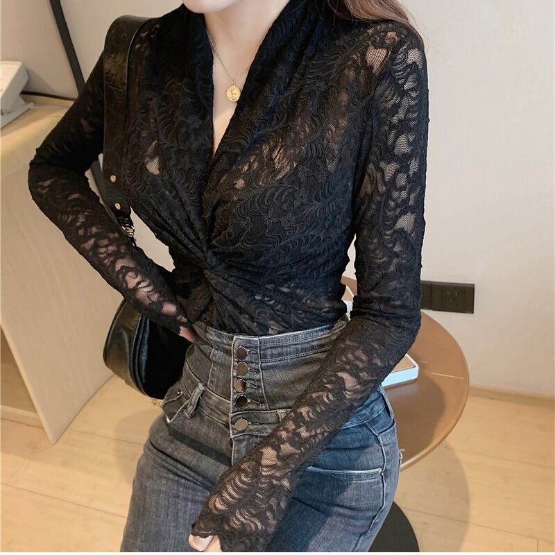 クロスVネックレースシャツ オータムトップス ロング 秋物 ハンチェンe68539114492