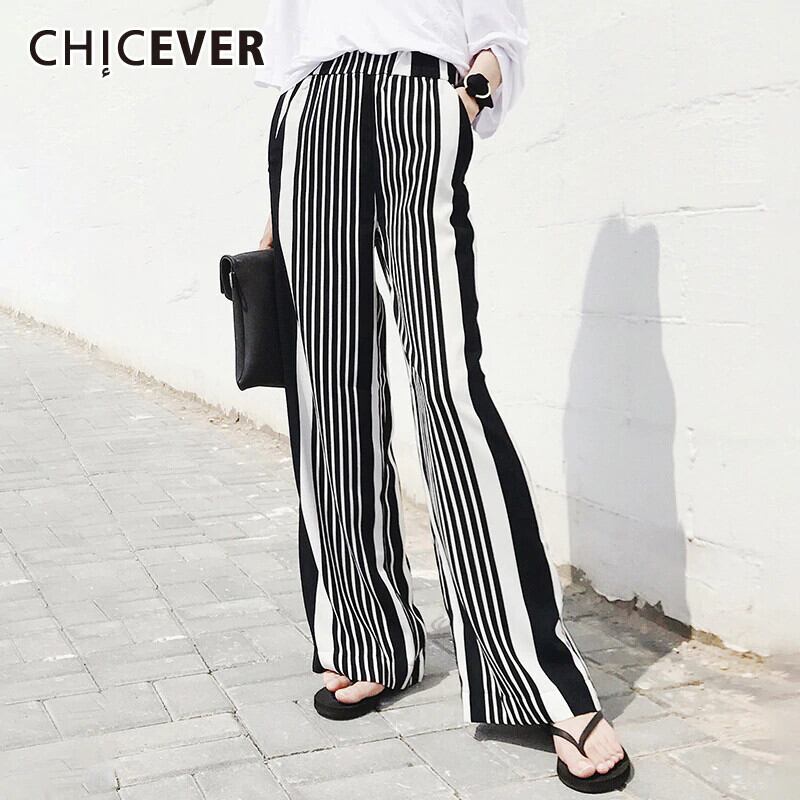 CHICEVERストライプワイドレッグパンツレディースウエストヒットカラールーズフルレングスパンツ2020オータムタイド 秋物 ワイドパンツ 6base578658429011