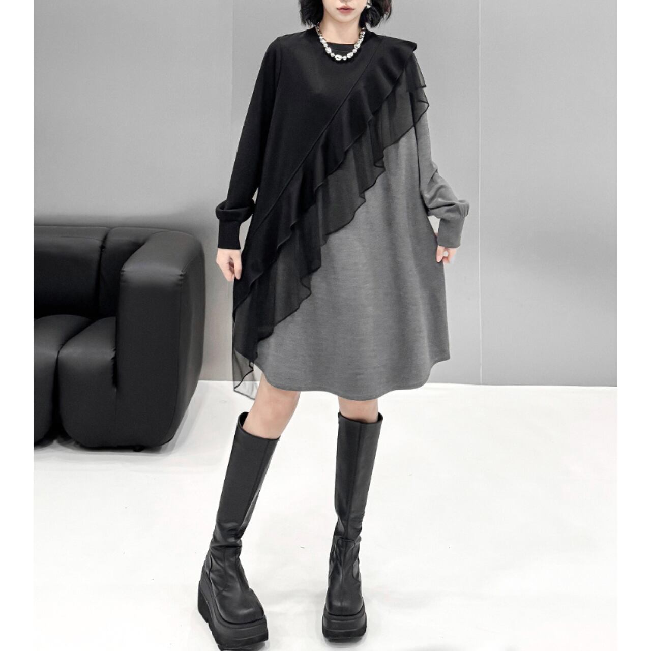 ドレープ アシンメトリー ミディ丈 ワンピース 00320