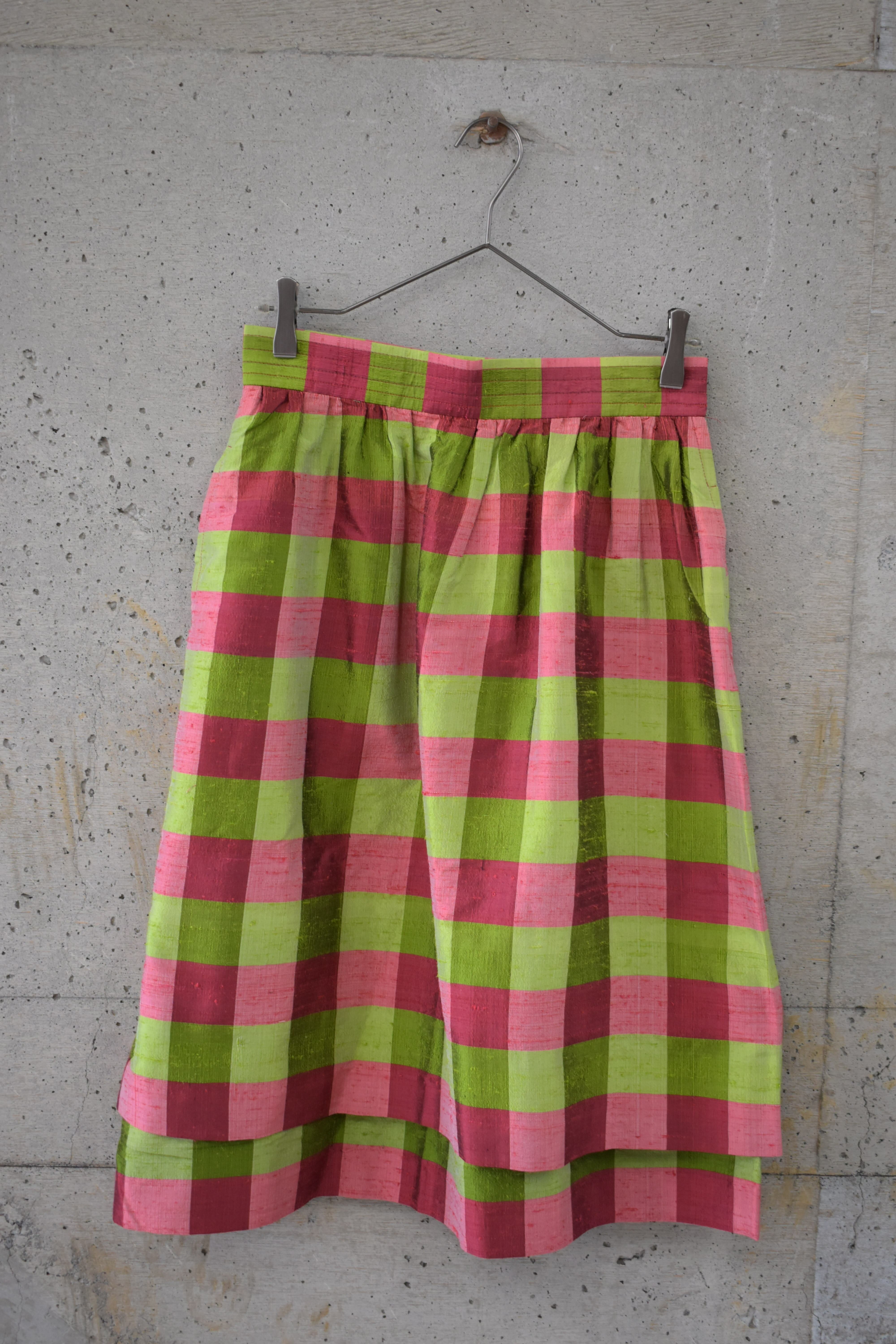 Block-check silk skirt