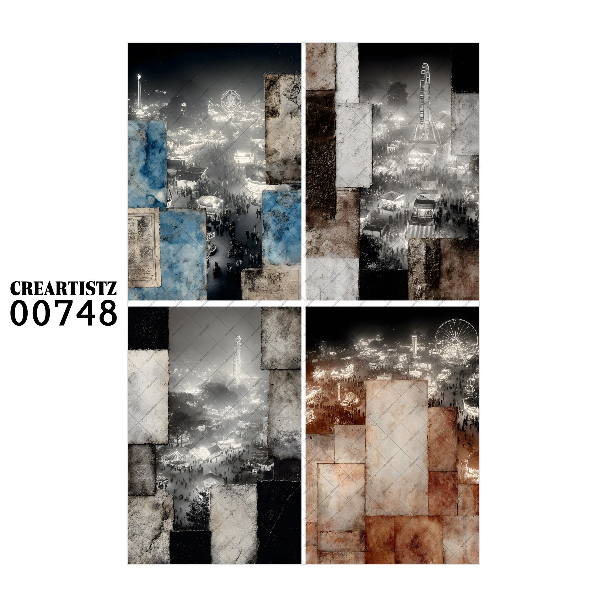00748 背景 コラージュ素材 オリジナル 12枚セット (4種類×3枚) ペーパー/ステッカー CREARTISTZ