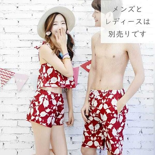 レディース水着 3点セット ビキニ スカート付き フリルトップ 花柄 赤 レッド フェミニン ガーリー 可愛い 体型カバー 着痩せ効果 セパレート 水着セット お腹カバー 美シルエット 女性用 夏 海 ペアルック カップル リンクコーデ　w9115