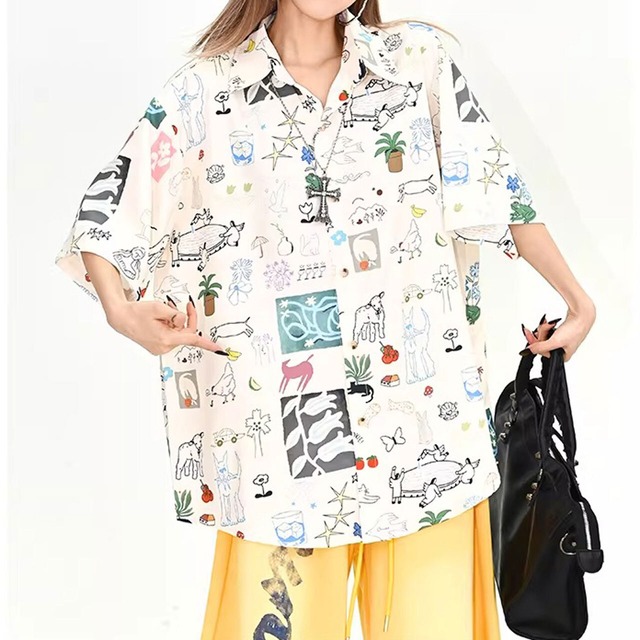 ドローイングアート総柄ショートスリーブシャツ 2col   R02120