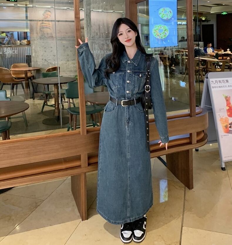 ワンピース デニムワンピース ロング丈 フロントボタン 襟あり ポロ襟