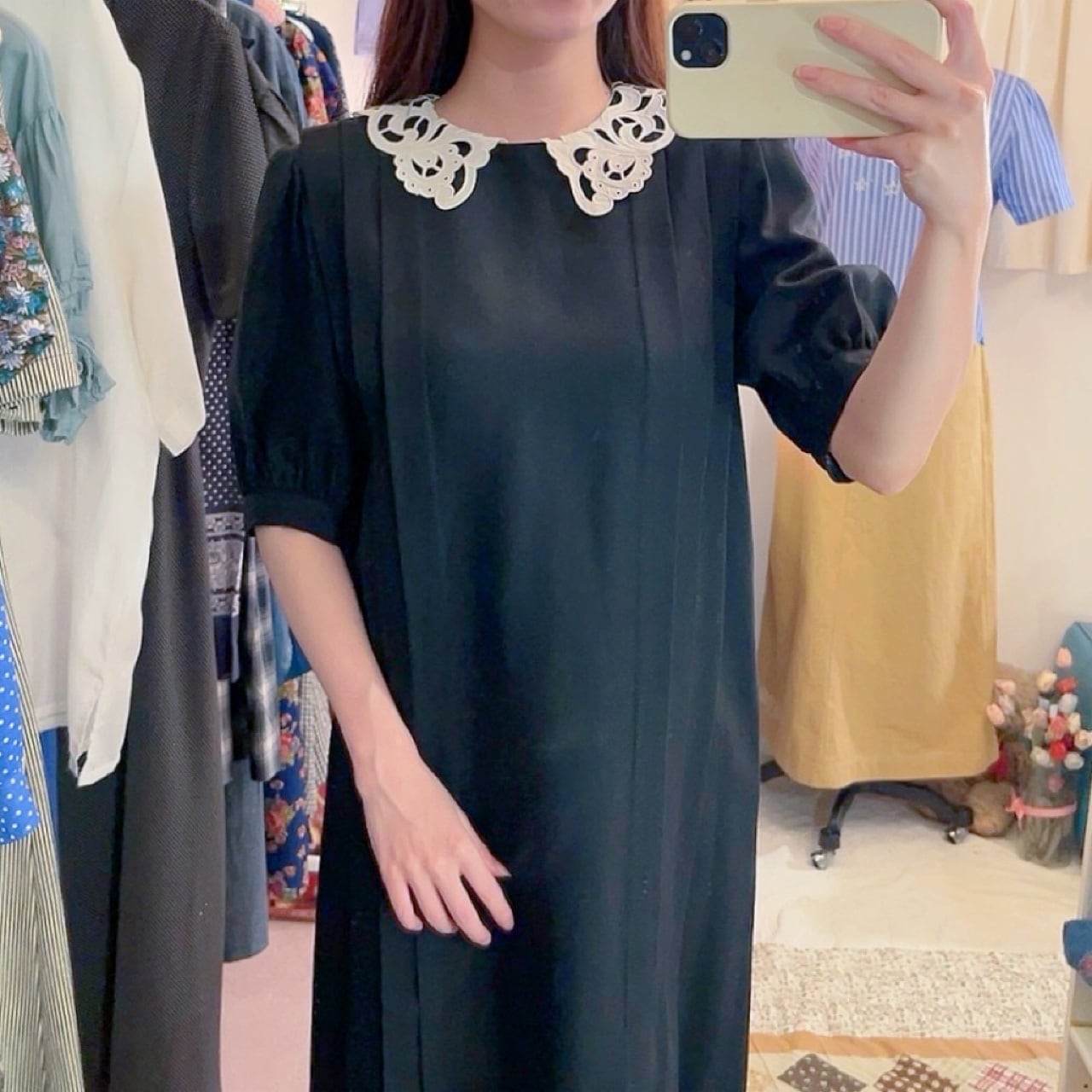 lace collar pleats black one-piece