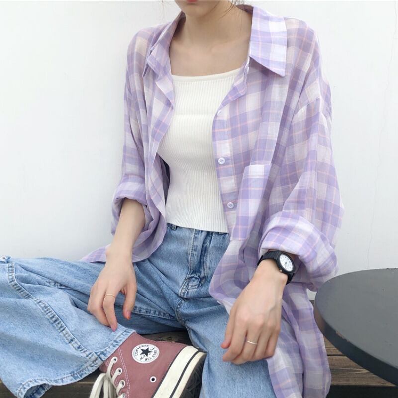 女性の2020年夏の新しいルーズで用途の広いミドル丈の日焼け止めシャツ学生カジュアルパープルチェック柄トップ薄手のコート 1号婦人92331572250