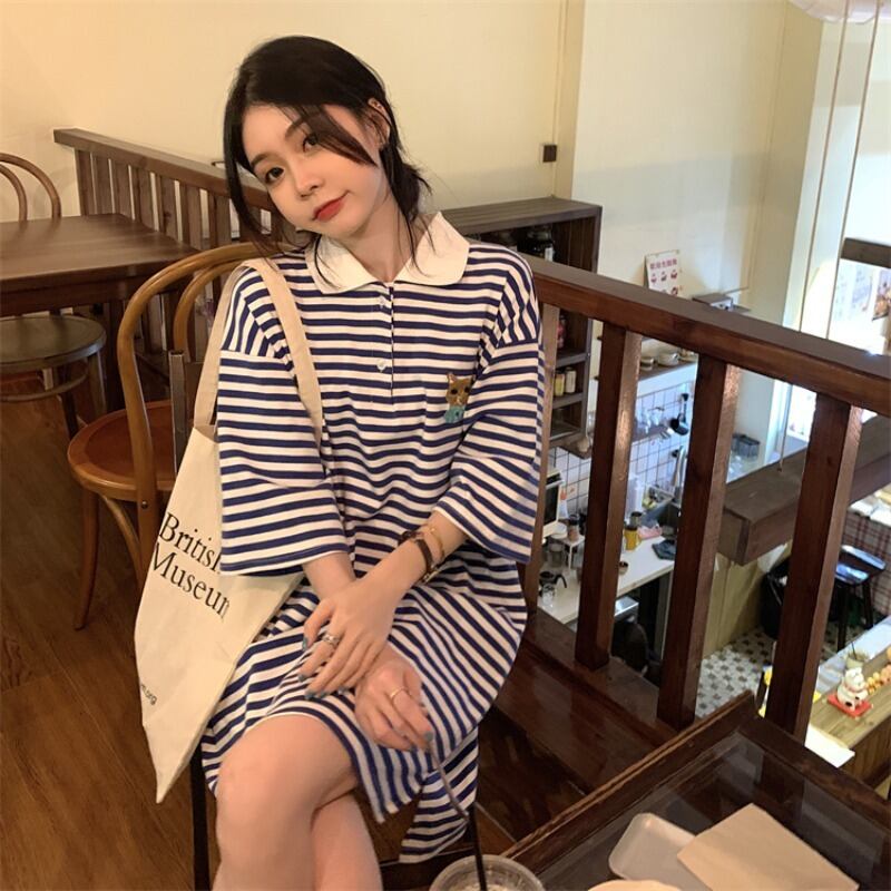 ドレス サマールーズ薄手ストライプカラー半袖スリーブTシャツ スカート ショート ハーフスリーブ 夏物 YY-ファッション11814166646