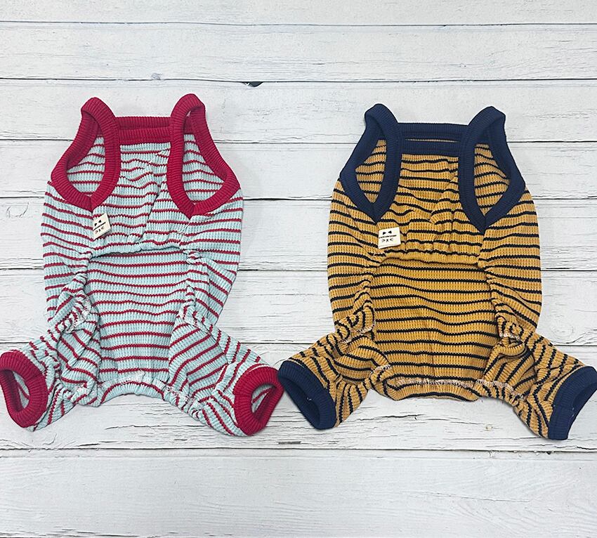 frog patch striped all in one S ~ XL 2color / 犬服 ボーダー オールイン  夏 袖なし 可愛い 犬の服 ドッグウェア 韓国 ペット ワンコ服 小型犬 中型犬 猫 ロンパース ストレッチ素材 tsu47