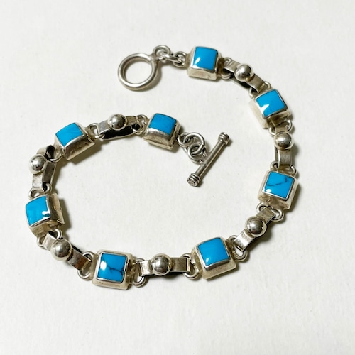 Vintage 925 Silver Turquois Enamel Link Bracelet Made In Mexico