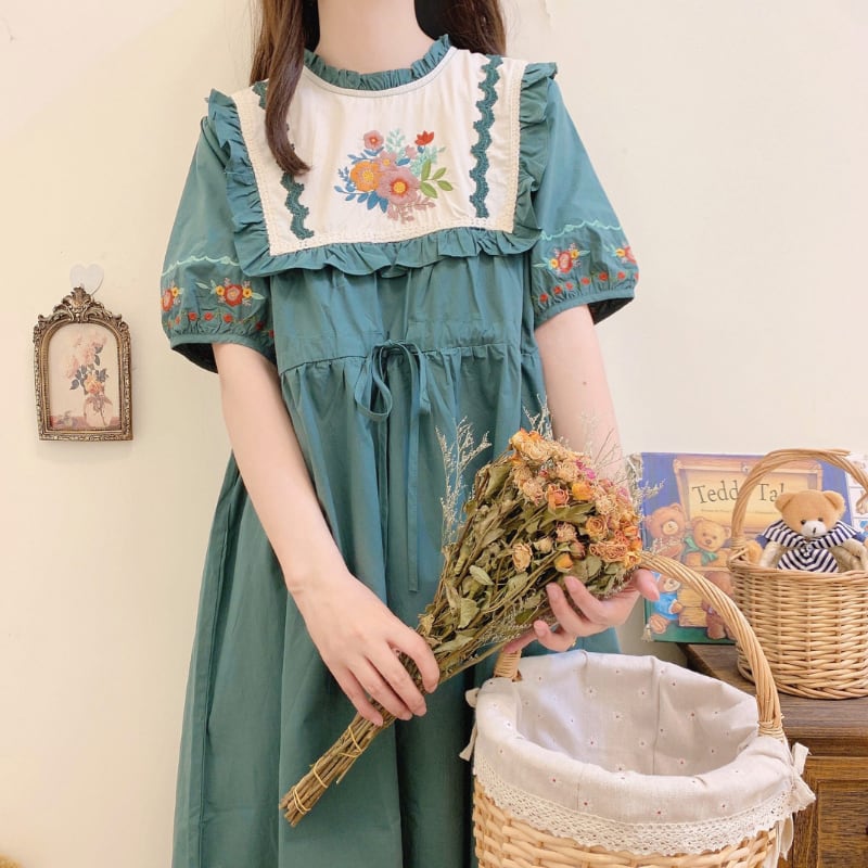お花刺繍パフスリーブウエストリボンワンピース W1860