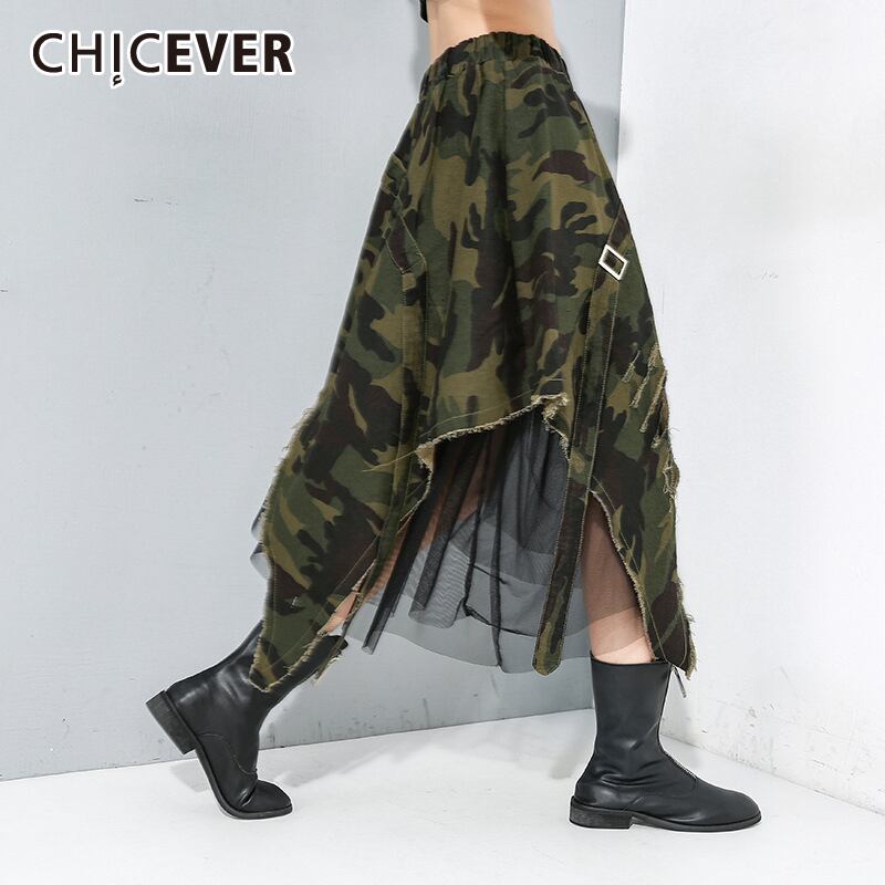 CHICEVERパッチワークメッシュカモフラージュデニムスカート伸縮性ウエスト特大非対称スカートレディース服2020 エラスティック 6base567255792652