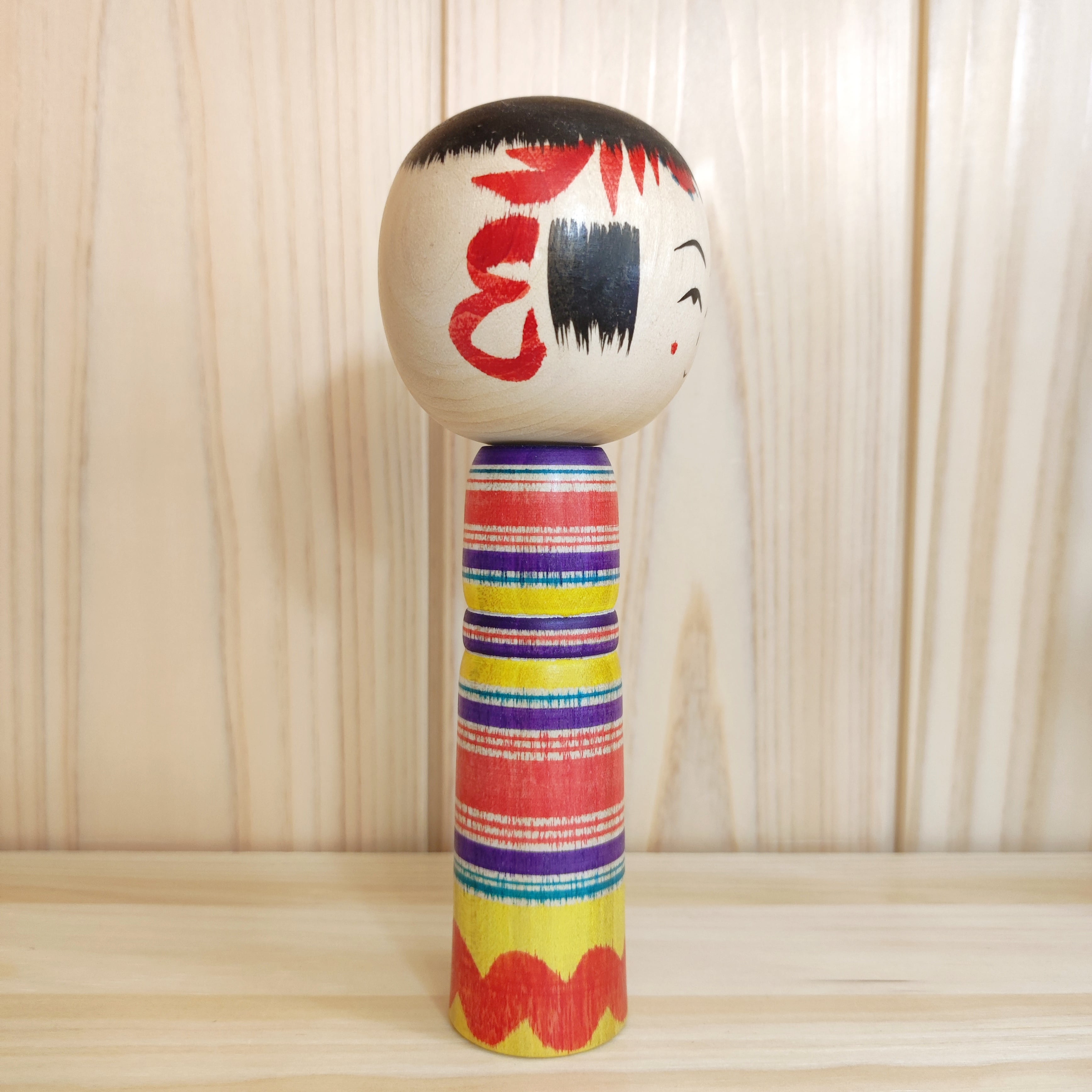 上田康友工人：弥治郎系】ろくろ線 波 こけし：5寸 15cm N10KU-10