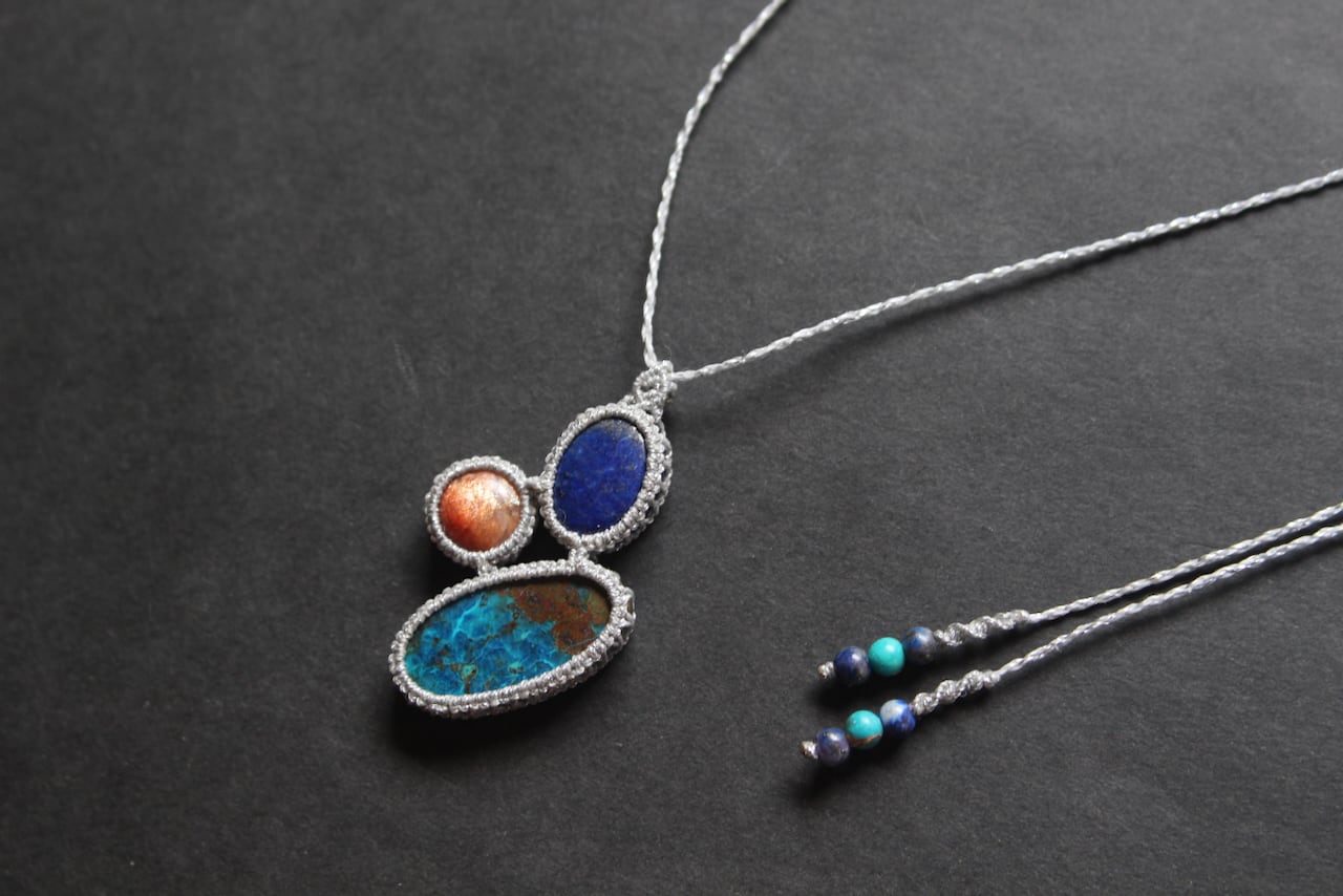 Chrysocolla malachite & Sunstone & Lapis lazuli micro macrame pendant