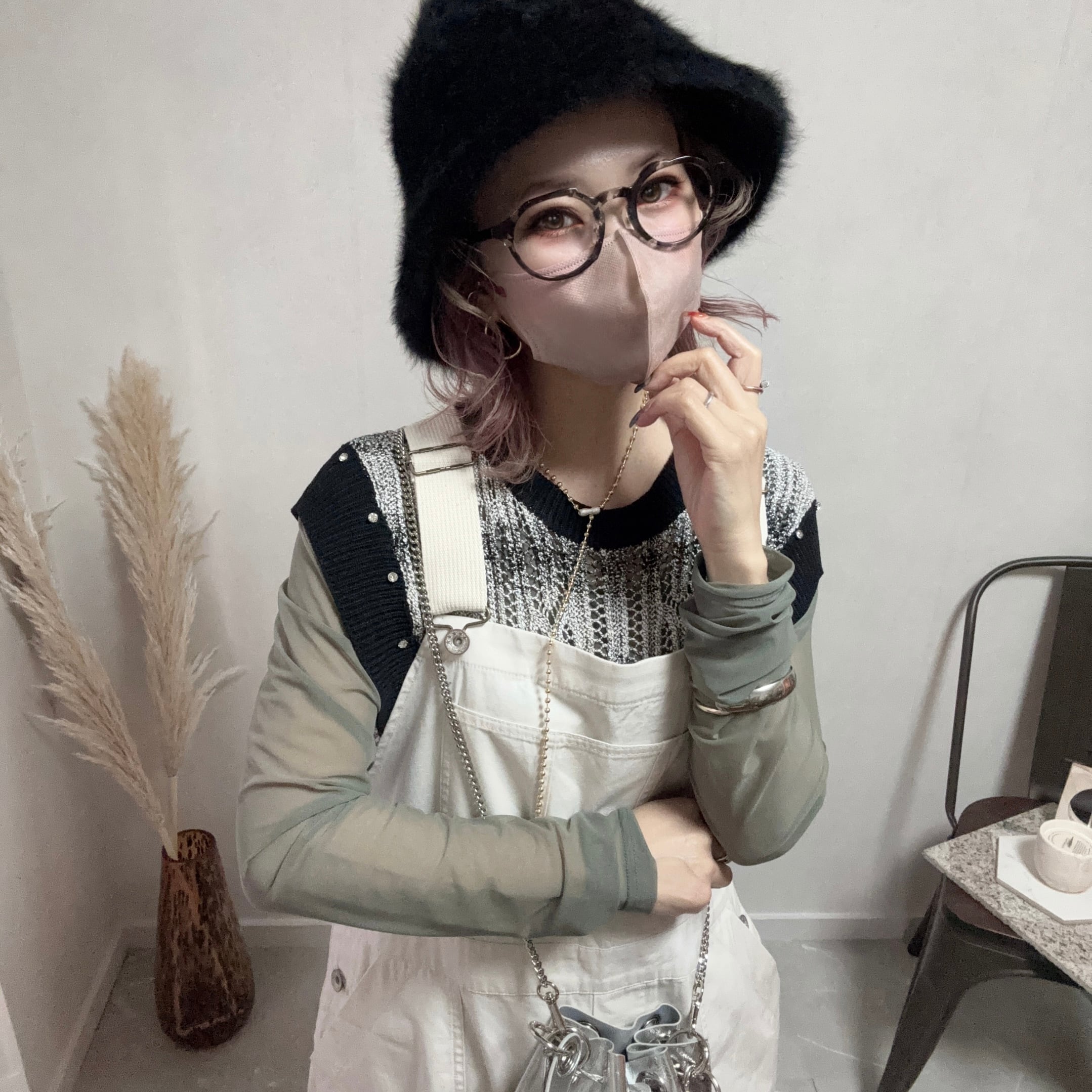 bicolor strap military salopette【Ivory】