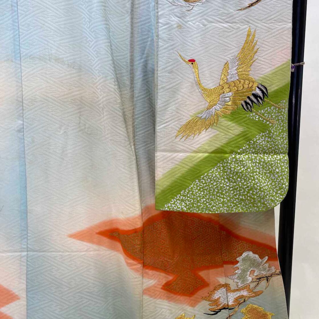 アンティーク 本振袖 振袖 水色 オレンジ 緑 金 鶴 ヴィンテージ  