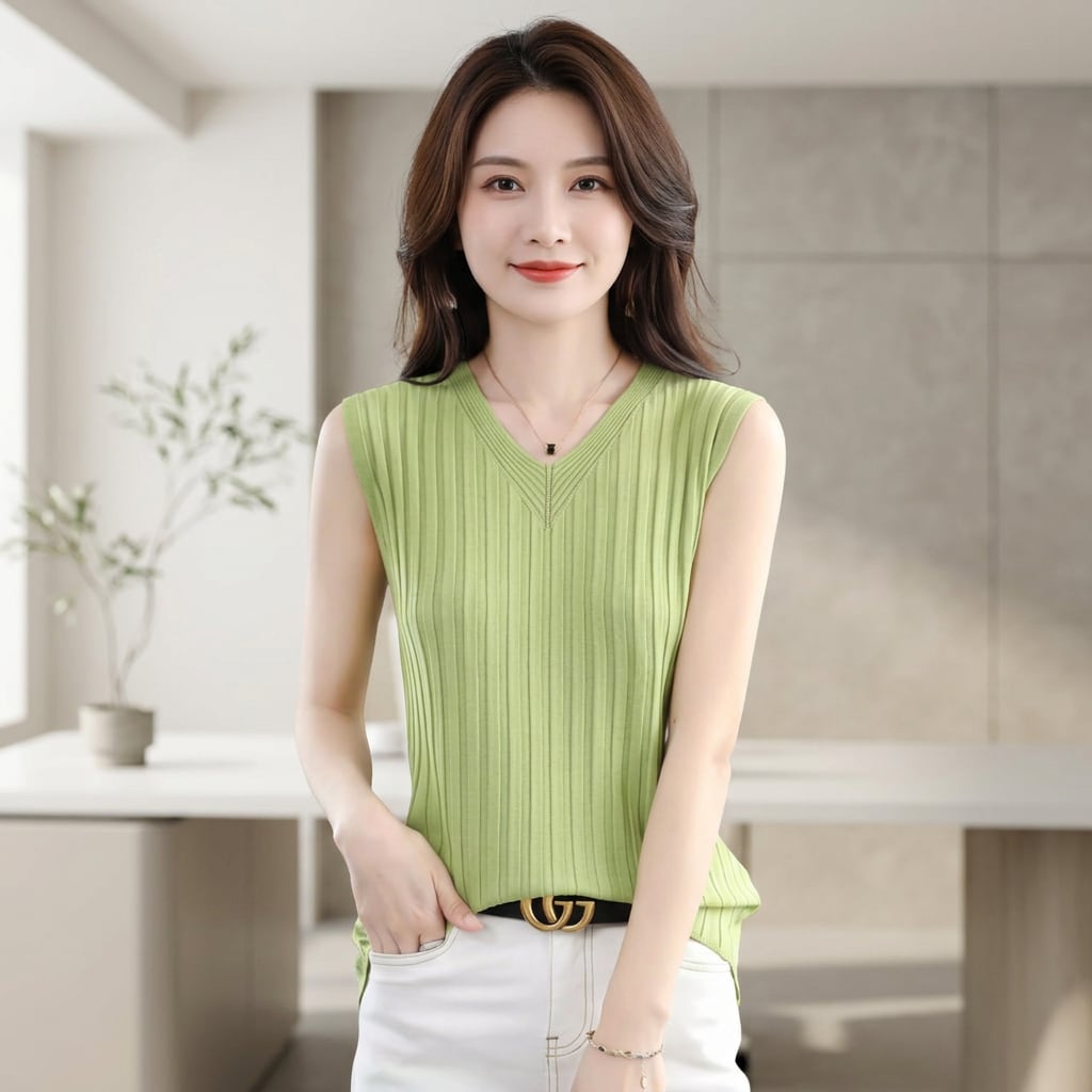 Vネックノースリーブトップス(6color) A1045