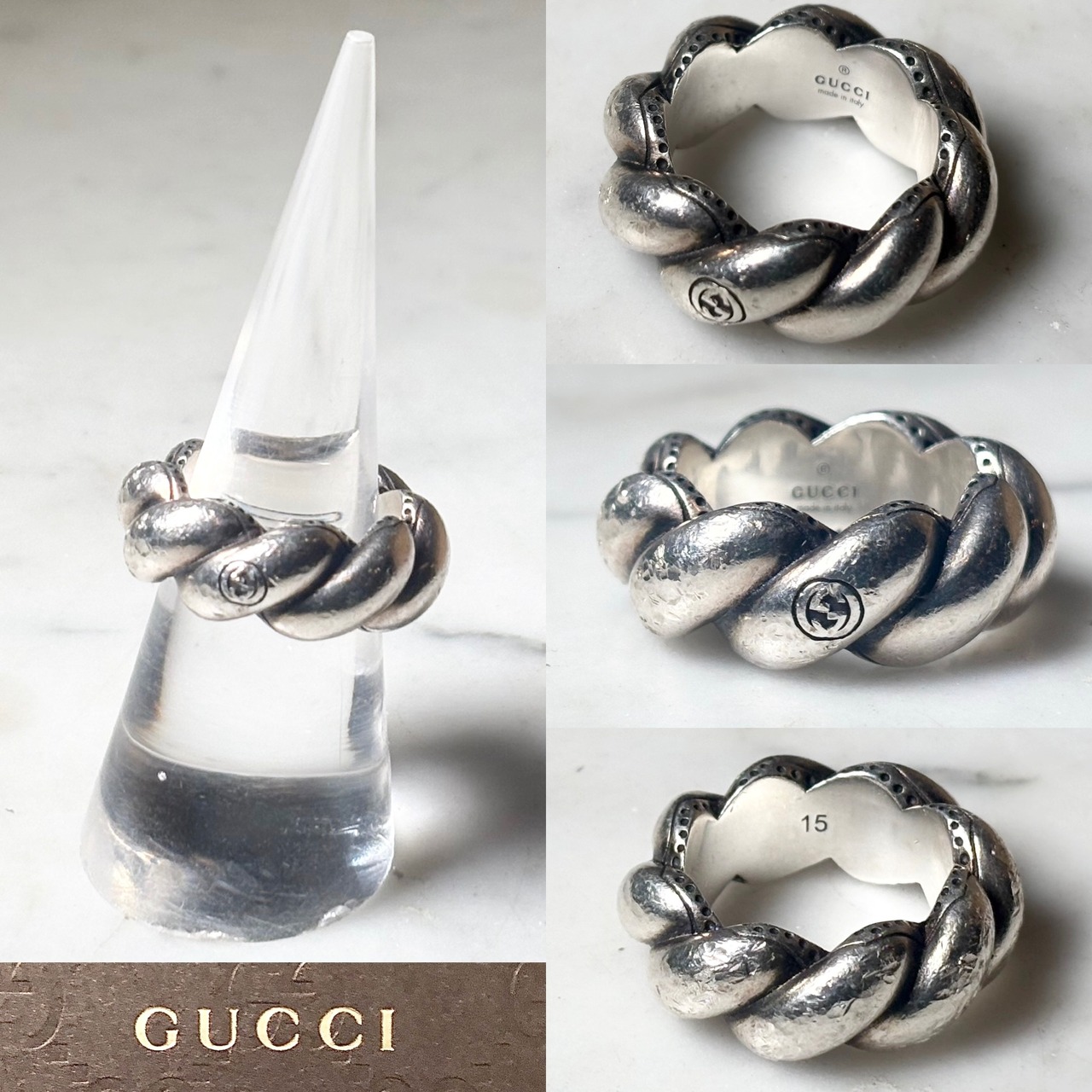 GUCCI heavy gauge silver twist logo ring