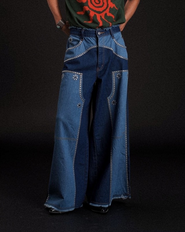 【ECO SAMPLE】ラスト１点/LL/ブルー | ダブルニーバギー2WAYスタッズデニムパンツ