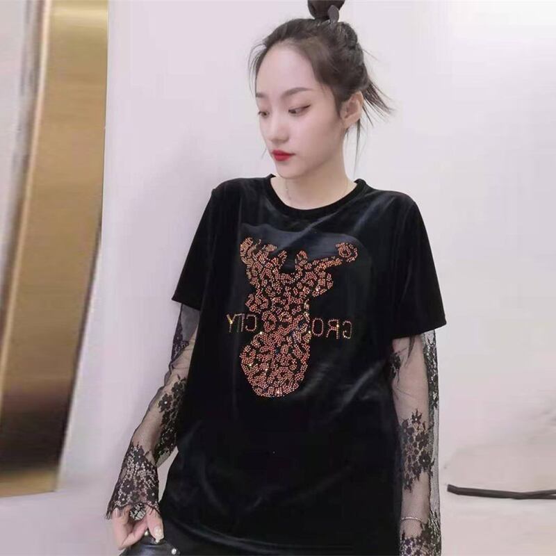 ブラウス スプリングレーススリーブ長袖シャツ Tシャツ ロング 大きめサイズ 春物 ステッチ ミックスインファッション86392616280