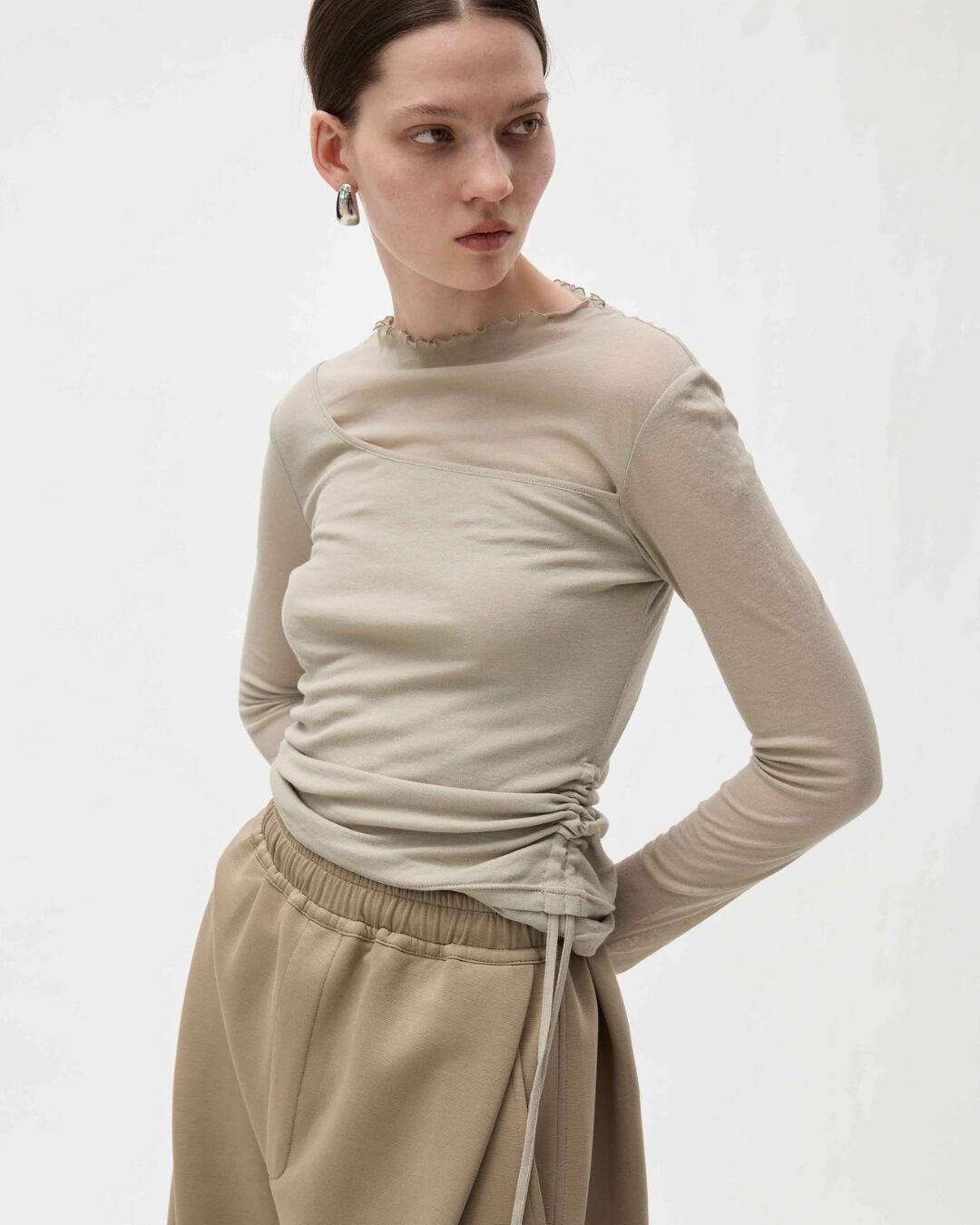 Side Drawstring Sheer Long Sleeve Top