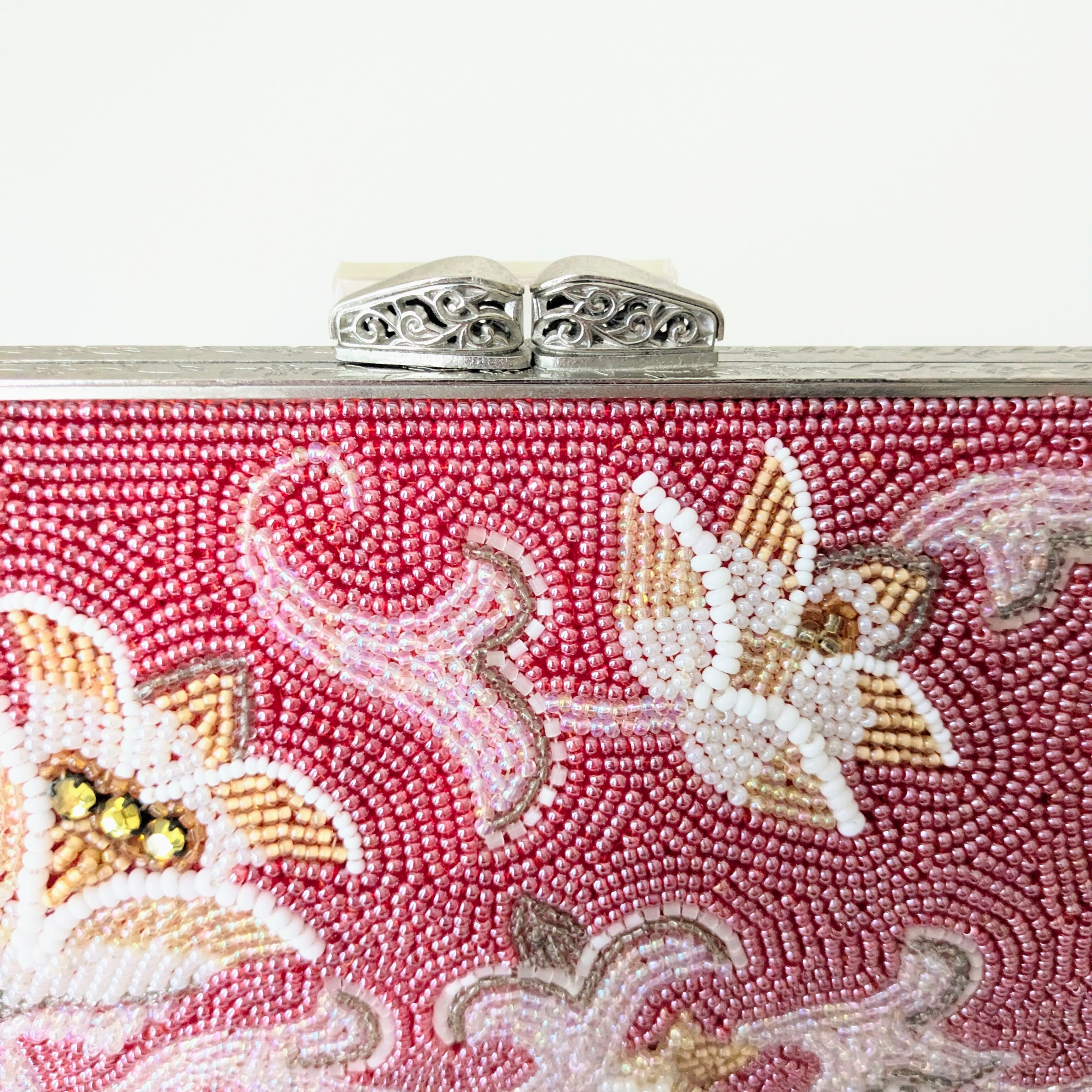 Vintage】ビーズ刺繍バッグ 濃いめピンク 花唐草 クラッチバッグ