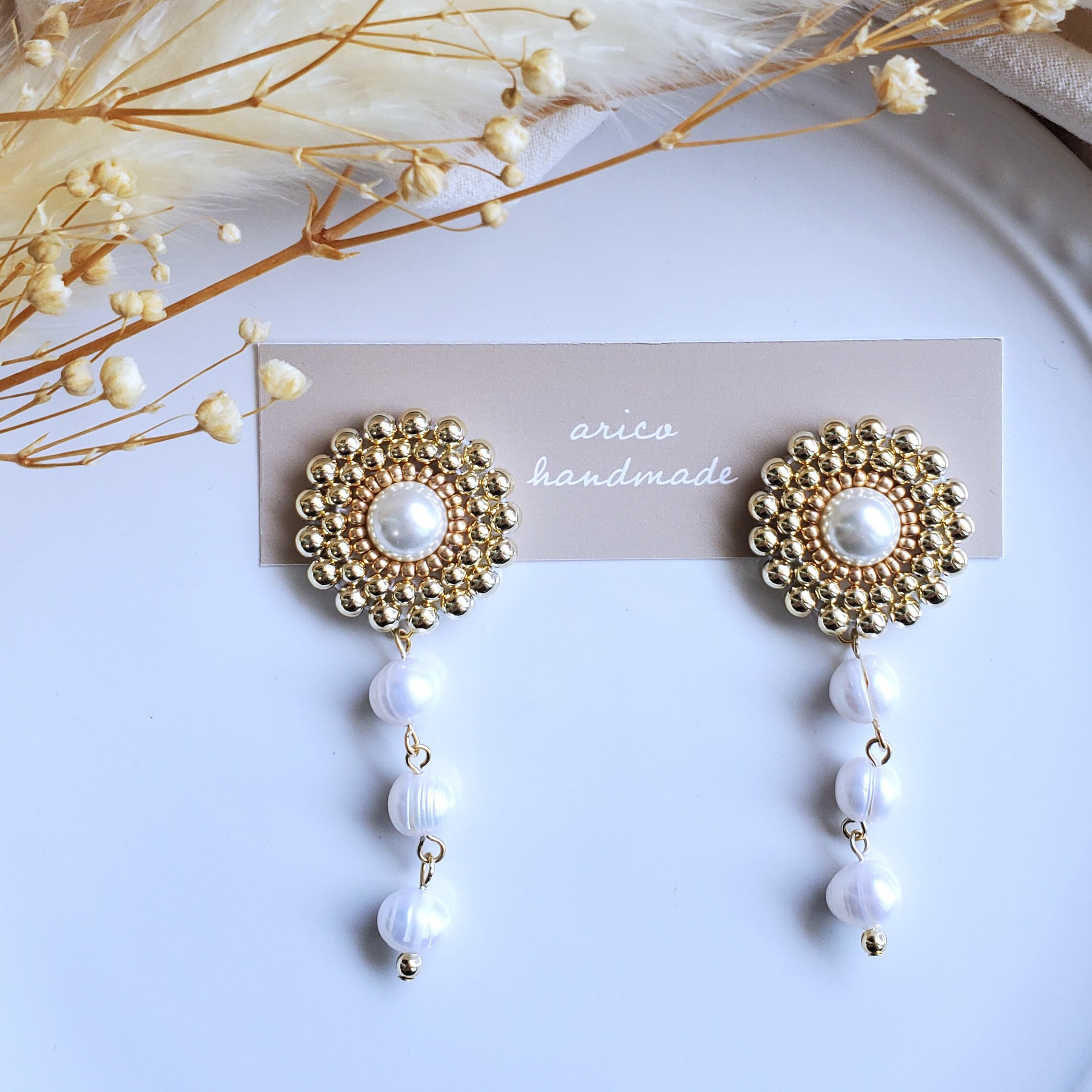 送料無料】pearl × gold pierce/earring 【刺繍ピアス】【刺繍