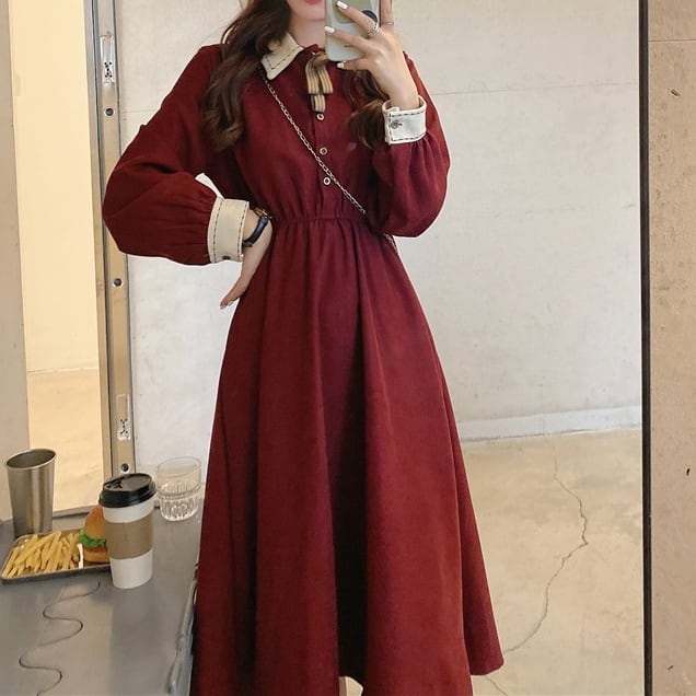ワンピース シャツワンピース ミモレ丈 マキシ丈 長袖 無地 秋 冬