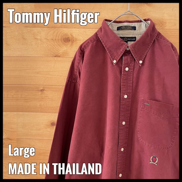 【Tommy Hilfiger】無地 バーガンディ 長袖シャツ 刺繍ロゴ ボタンダウン L トミーヒルフィガー US古着