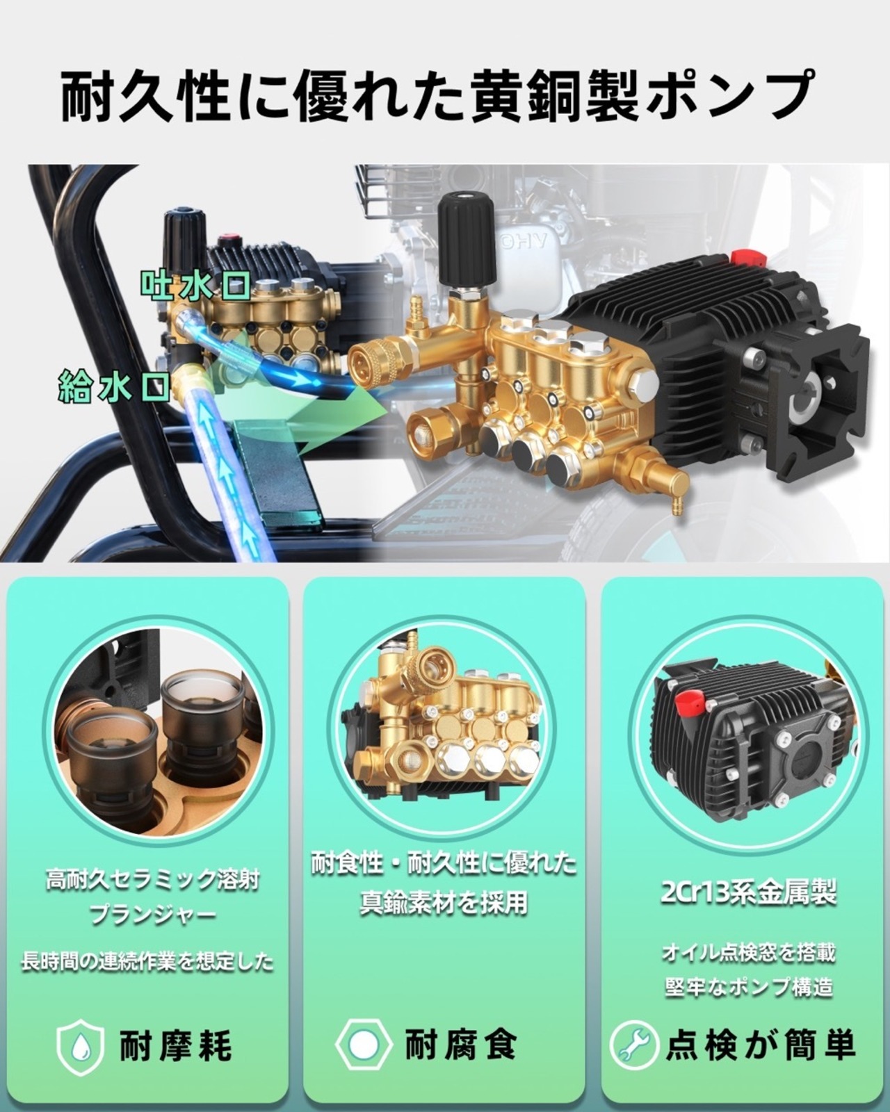 kareyou エンジン高圧洗浄機 223cc 使用圧力20.6MPa 吐出量11.3L/min 高耐久クランク式3連プランジャーポンプ セラミック溶射仕様 自吸1.5m ホースリール付き 10m高耐久高圧ホース 大型タイヤ 2WAYハンドル ガソリン式 業務用 KR20EJ-s