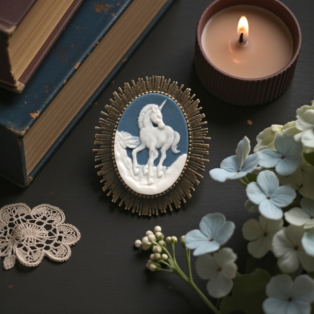 Cameo Brooch #m5 カメオ ブローチ ユニコーン　ネイビー