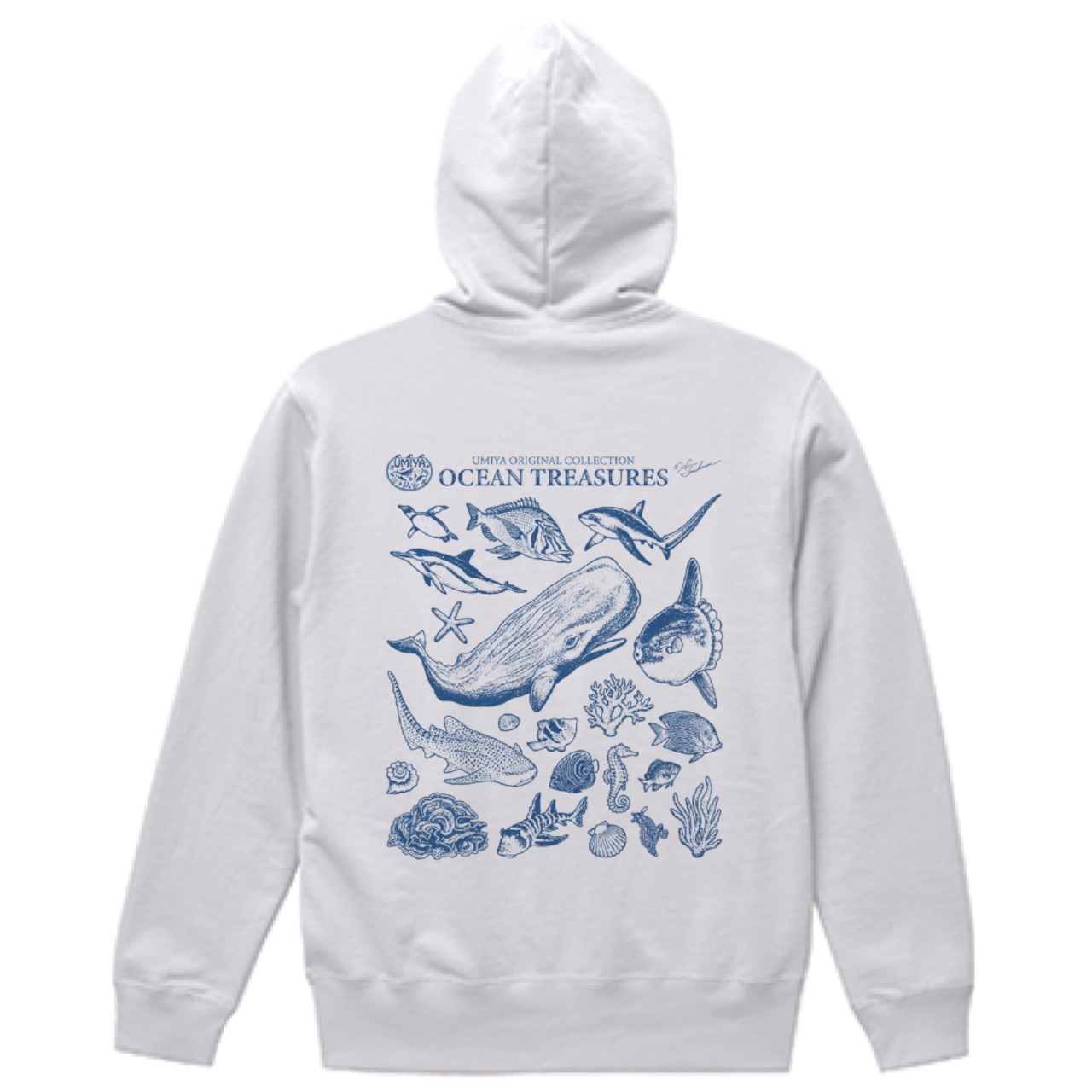 海洋生物ヴィンテージ風フルジップパーカー｜OCEAN TREASURES／Model-05（ホワイト）