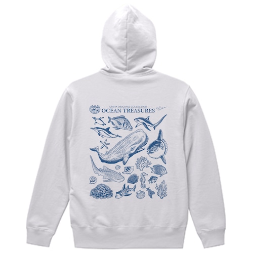 海洋生物ヴィンテージ風フルジップパーカー｜OCEAN TREASURES／Model-05（ホワイト）