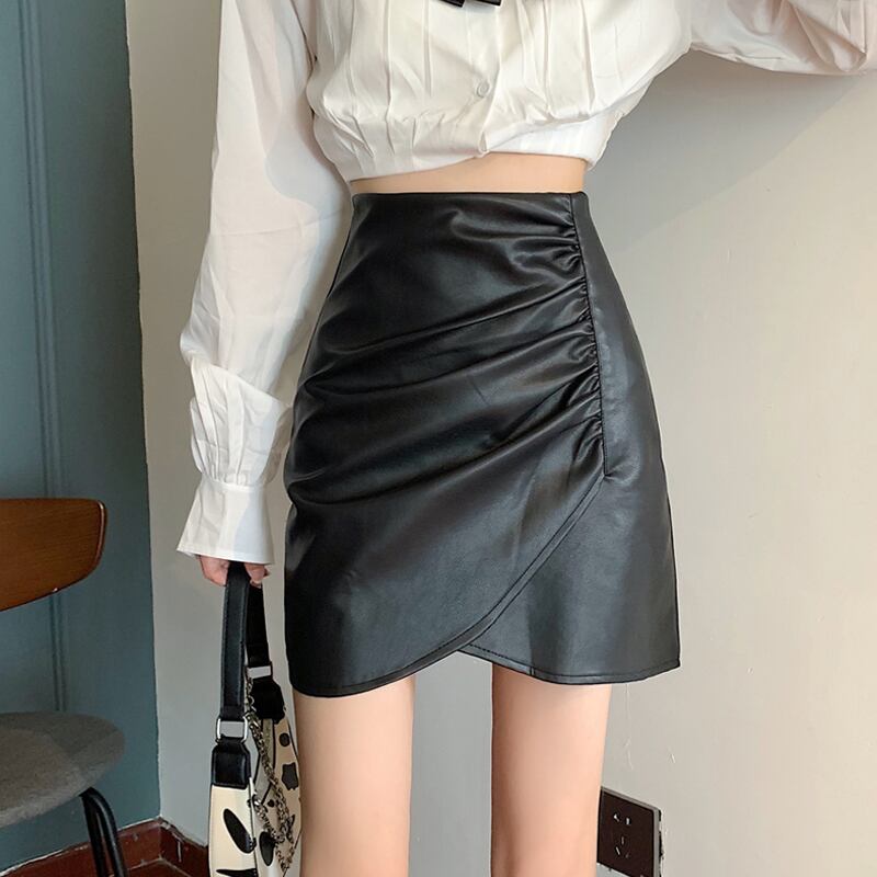 ブラックレザースカート スプリングオータムハイウェストウェストショート 大人ガーリー スウィート キュート カジュアル 春物 秋物 試着室29935677749
