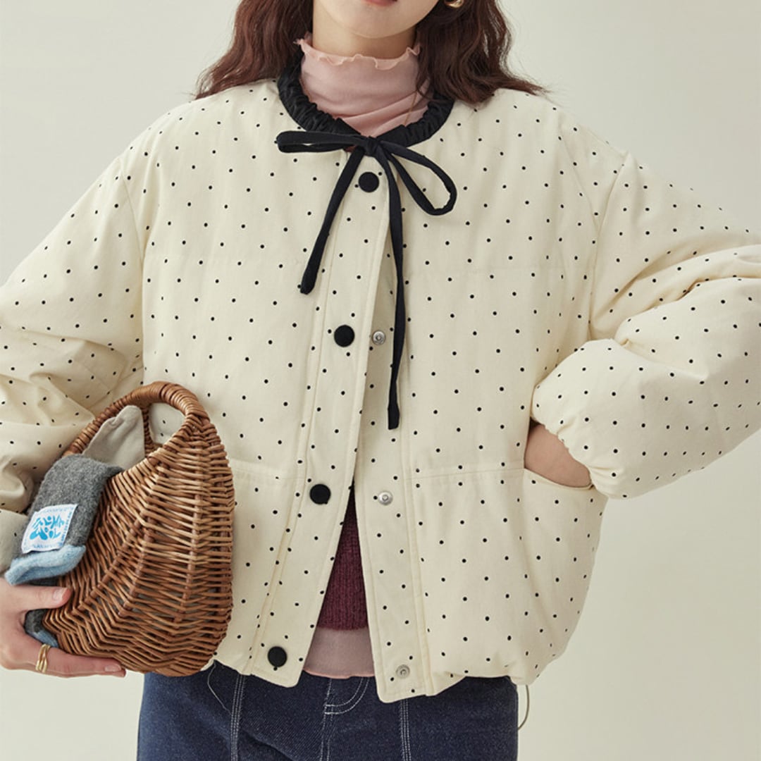 padded jacket with ribbon tie and dot print