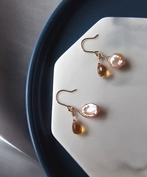 バロックパール＆天然シトリン◆ピアス【e-70517】
