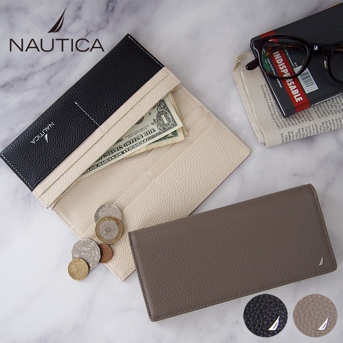 NAUTICA  ノーティカ 財布 ：  薄手のデザインですが収納力のある長財布です。スピンネーカーのメタルロゴが上品なシュリンクレザーに映えるシリーズ。4NT0012